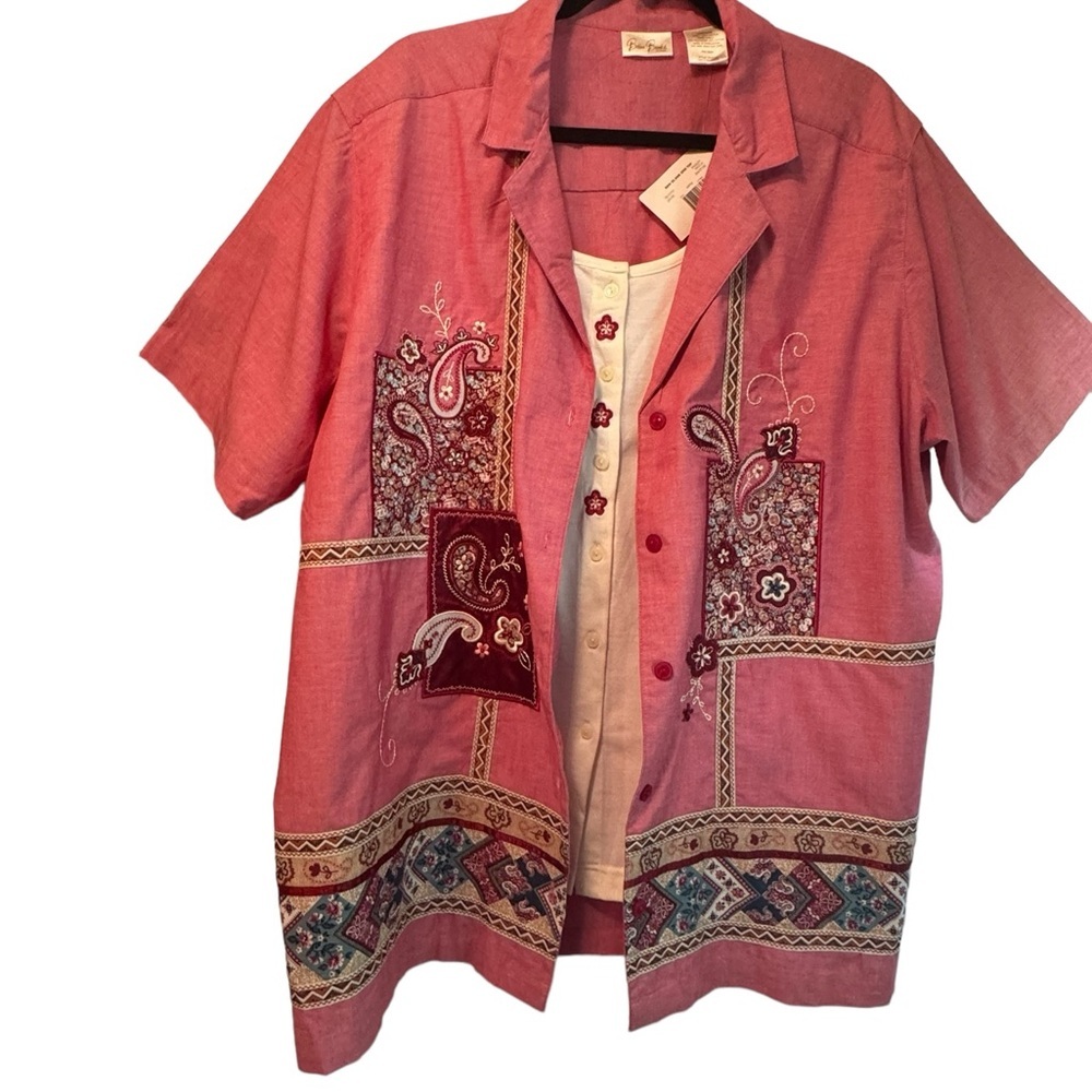 Bobbie Brooks Pink Patchwork Embroidered Button-Front Shirt